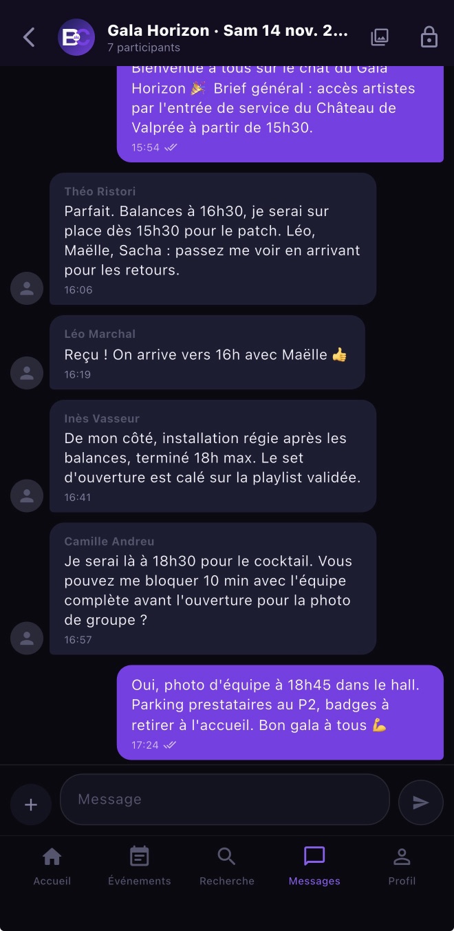 Chat de brief d'un événement avec toute l'équipe