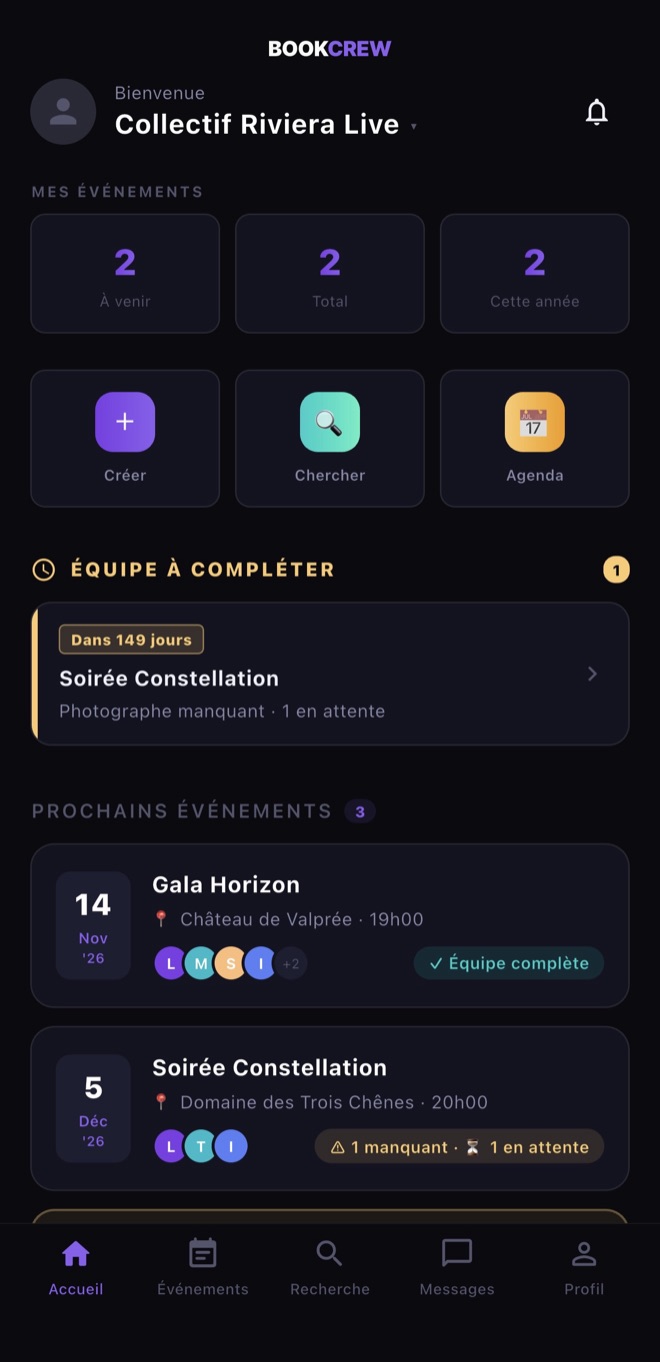 Écran d'accueil d'une structure sur BookCrew : événements, équipe à compléter, prochains rendez-vous