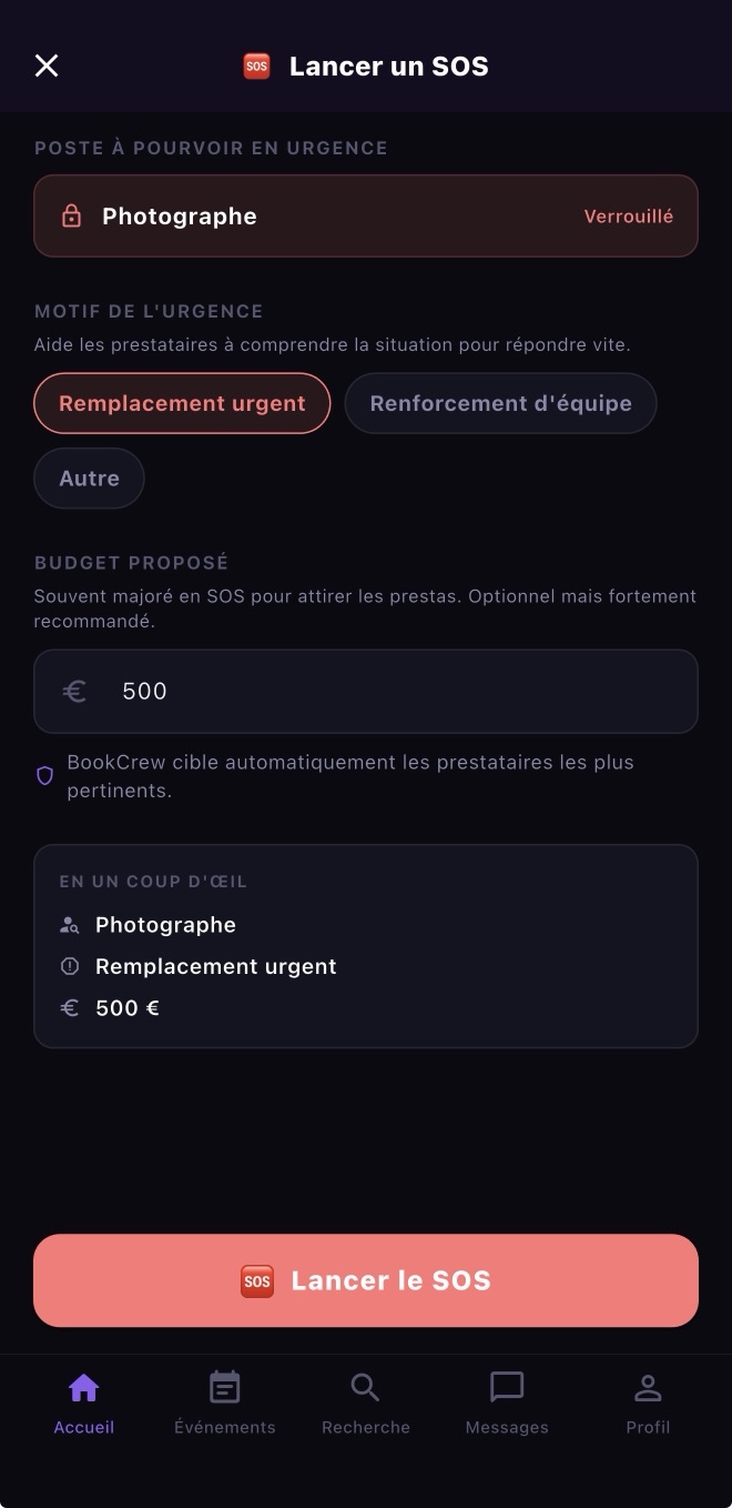 Écran Lancer un SOS : poste à pourvoir en urgence, motif, budget